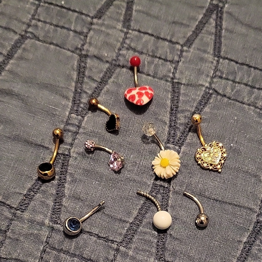 Gold and Silver Heart and Flower Belly Rings Set